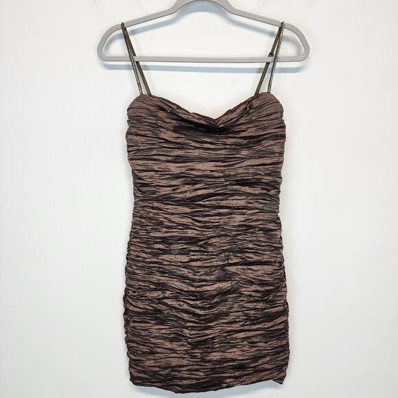 Vintage Ruched Crinkled Bodycon Cocktail Mini Dress Size M Dark Brown Ariella - Picture 4 of 15